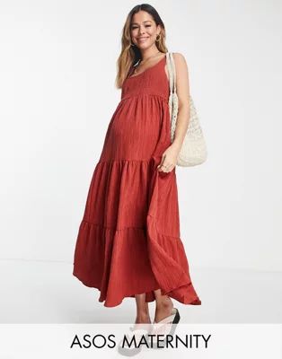 ASOS DESIGN Maternity shirred maxi sundress with tiers in rust | ASOS (Global)