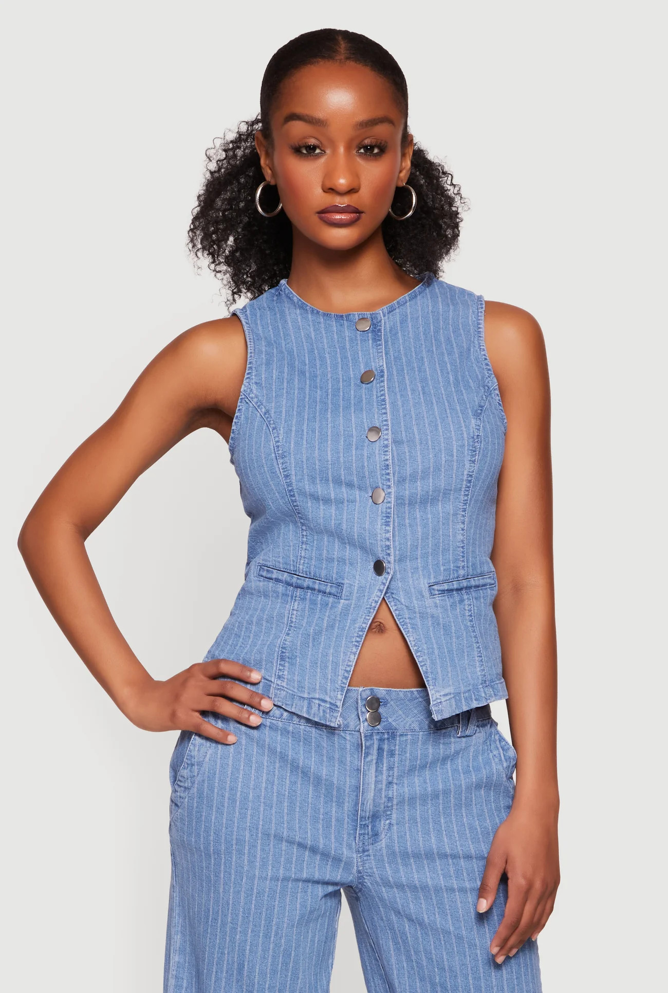 Pinstripe Denim Button Front Blazer Vest | Rainbow Shops