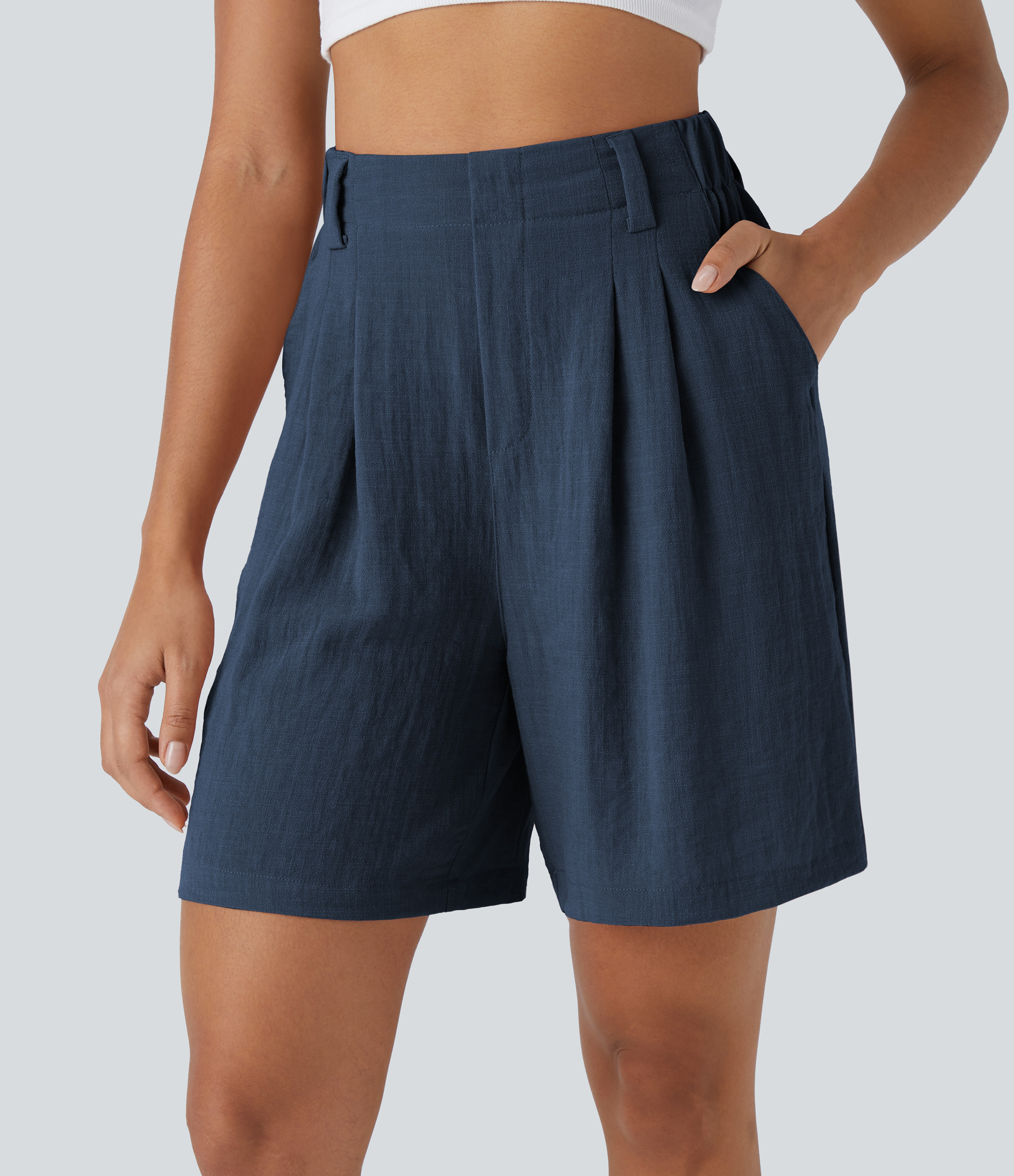 High Waisted Pocket Wide Leg Casual Linen-Feel Bermuda Shorts | HALARA