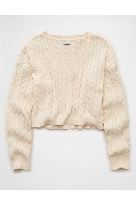 AE Cropped Cable Knit V-Neck Sweater Women's Cream M | American Eagle Outfitters (US & CA)