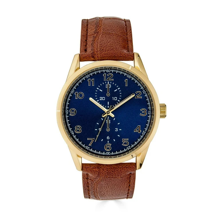 George 41MM Men's Gold Tone Navy Dial Easy Read Strap Brown Watch | Walmart (US)