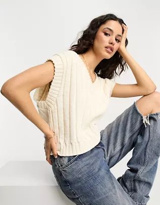 ASOS DESIGN knitted v neck tank top in cream | ASOS (Global)