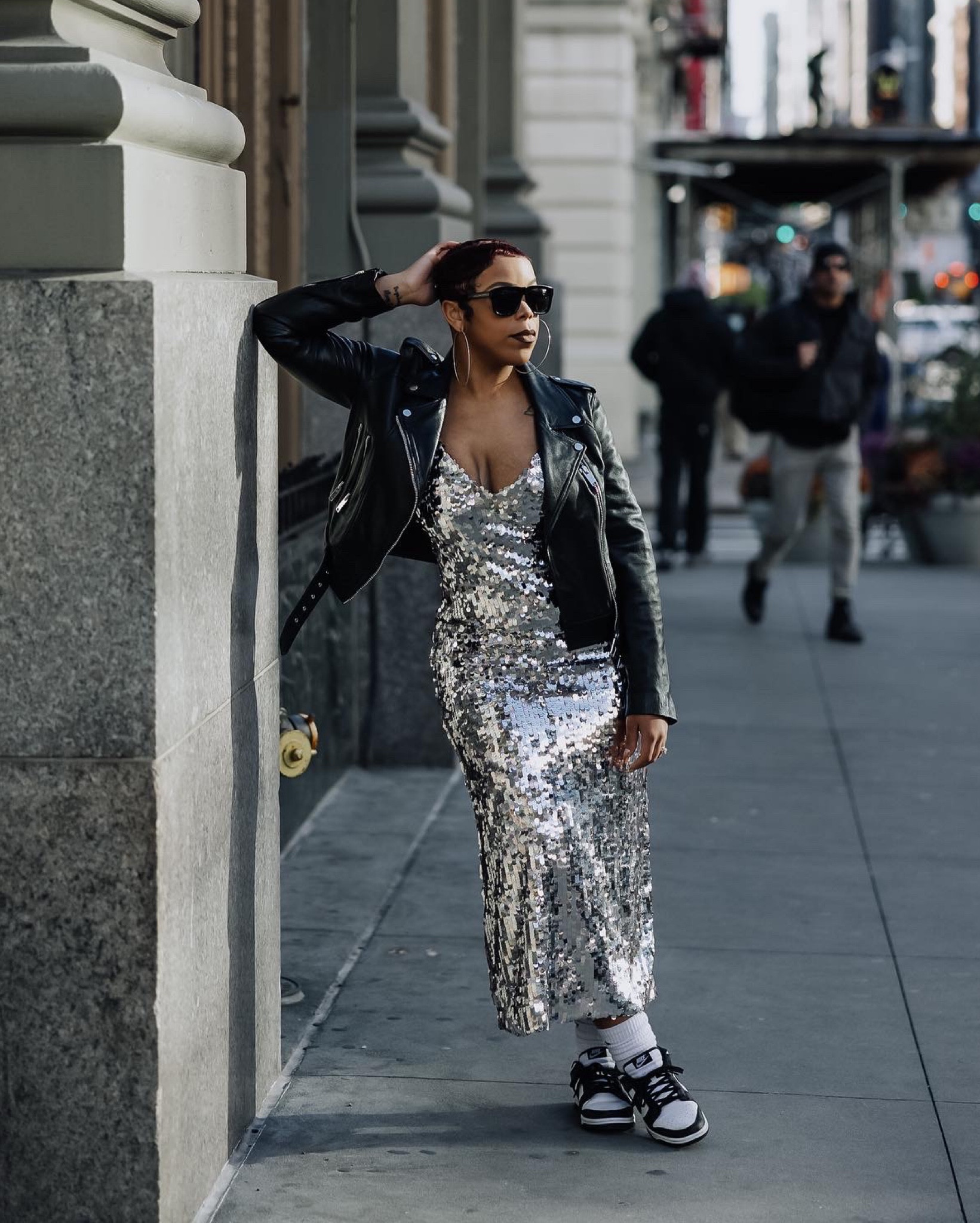 Casual NYE outfit inspiration. I’m a fan of mixing high and low looks but also love the mix of casual & dressy.

Paired a black leather biker jacket with a sequin dress and Nike sneakers for tomboy chic look 🖤 

#LTKHoliday #LTKstyletip