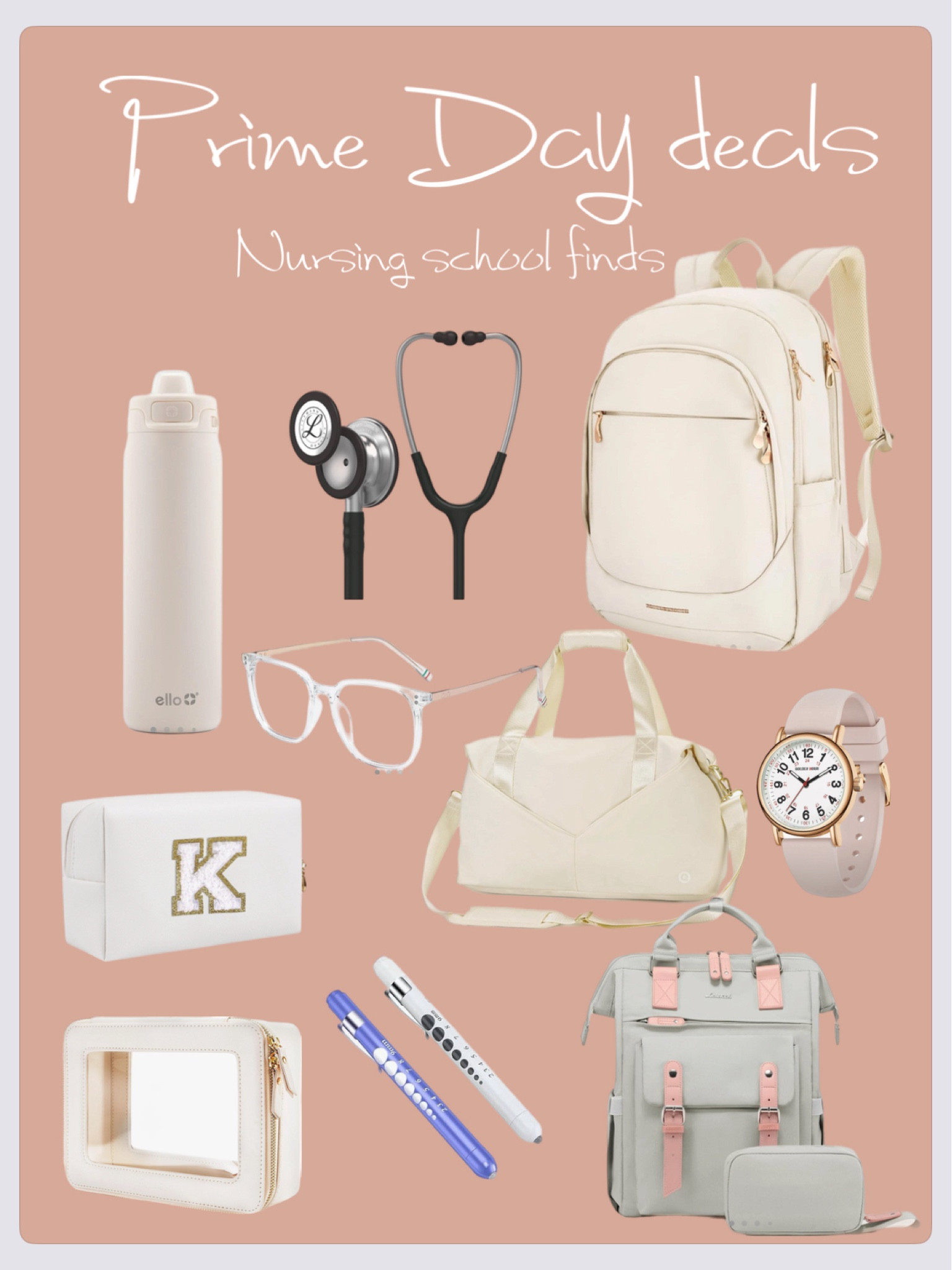 Nursing school supplies haul Amazon prime day deals 

$90 Stethoscope 
$40 backpacks 
Ello water bottle 
Clear Blue light glasses 
Pen lights for nursing school 
Gym bag 
Clinical watch 


#LTKSaleAlert
