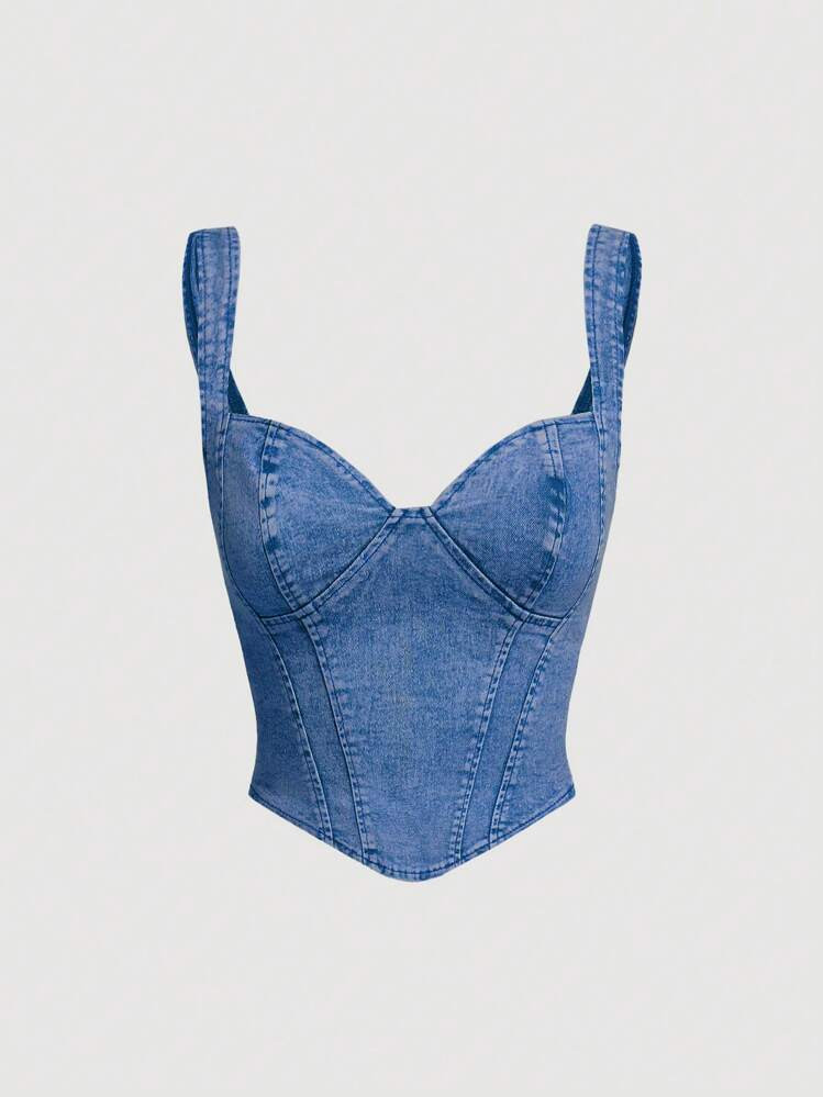 SHEIN MOD Women's Summer Fashion Sweetheart Collar Sleeveless Denim Blouse | SHEIN