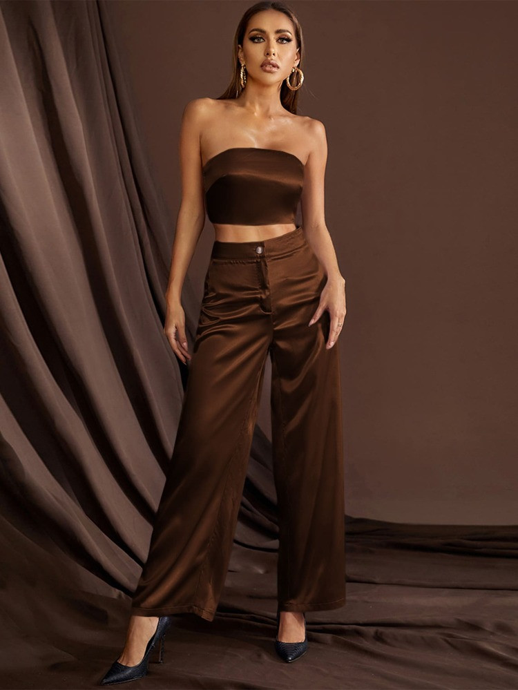 Satin Tube Top & Wide Leg Pants | SHEIN