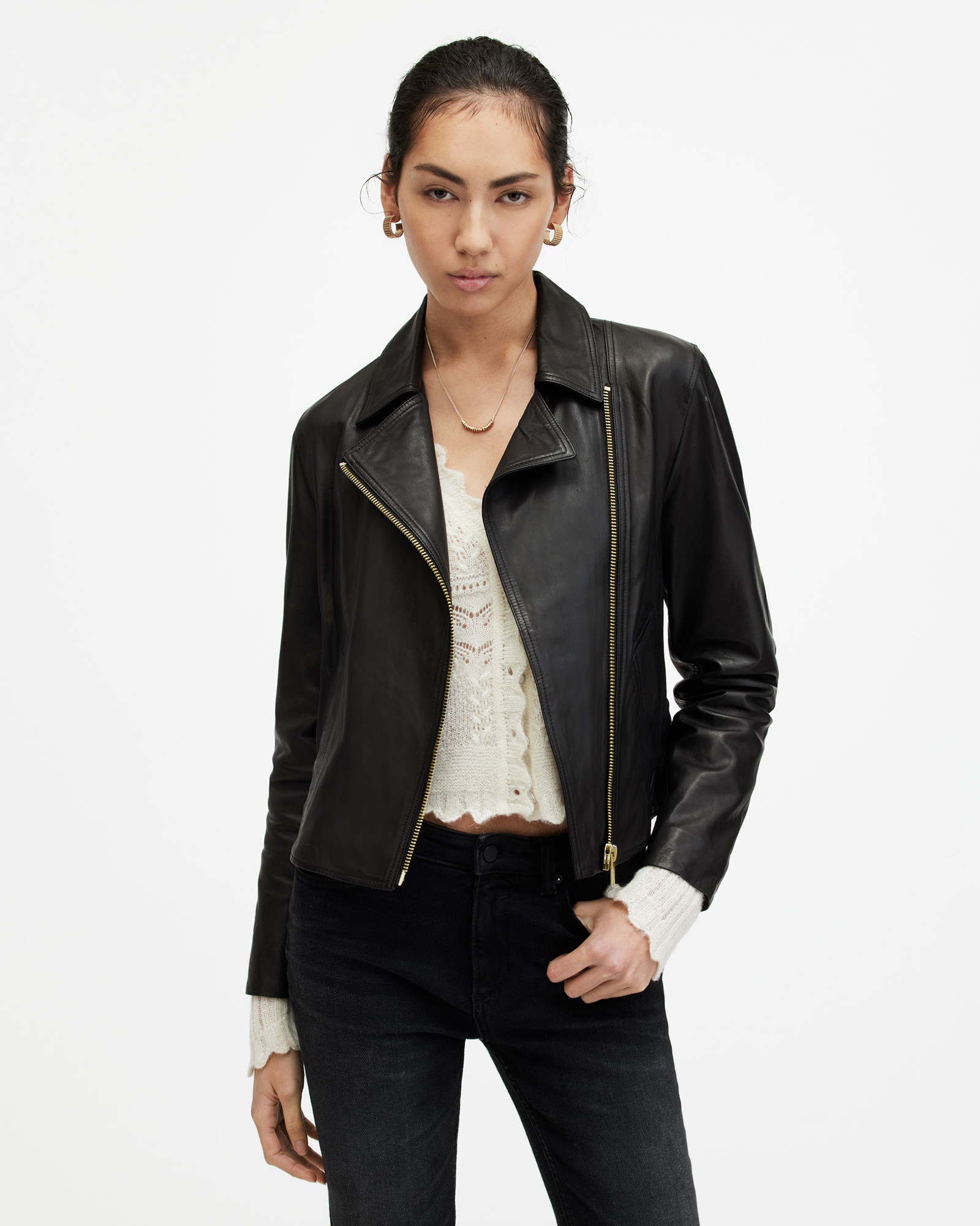 Vela Slim Fit Leather Biker Jacket Black | ALLSAINTS | AllSaints UK