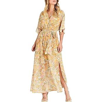 ANRABESS Women’s Summer Loose Kimono Maxi Dress Wrap V Neck 3/4 Sleeve Floral Print Slit Long D... | Amazon (US)