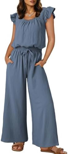 Dokotoo Jumpsuits for Women 2026 Summer Ruffle Sleeves Square Neck Rompers Drawstring Overalls wi... | Amazon (US)