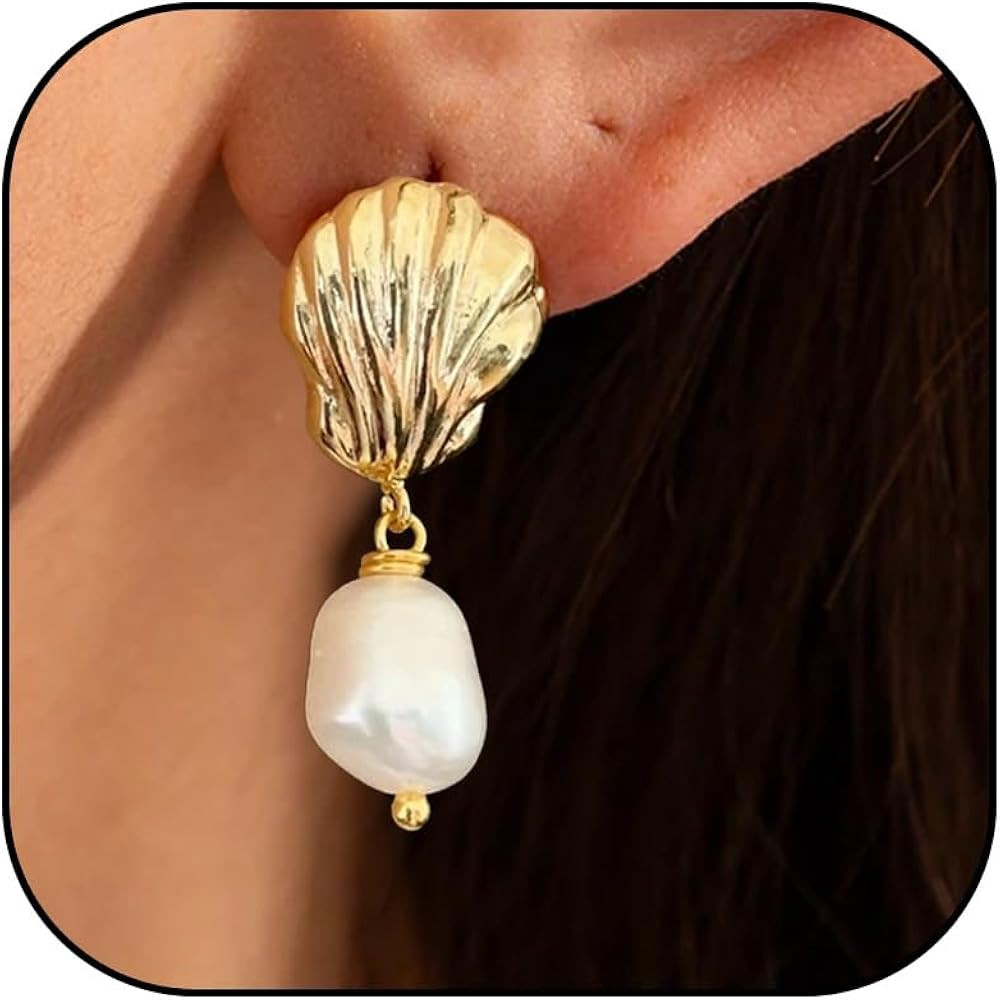 Pearl Earrings for Women Pearl Shell Earrings Gold Pearl Stud Earrings Faux Pearl Dangle Earrings... | Amazon (US)
