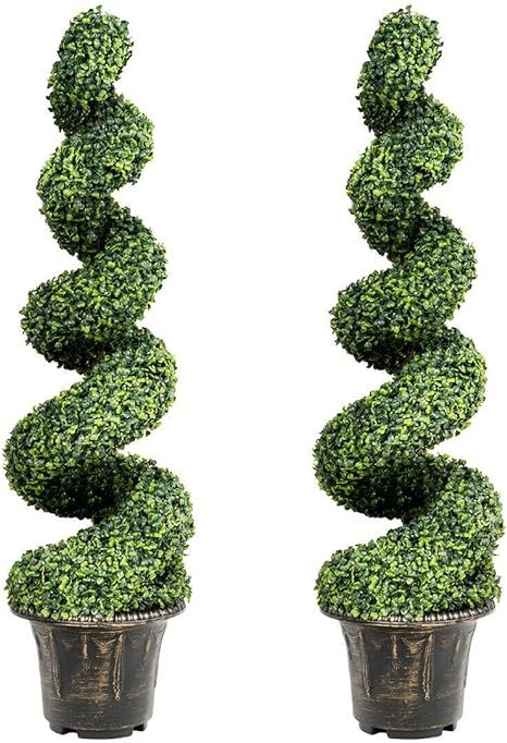 GOPLUS 4 Ft Artificial Boxwood Spiral Topiary Tree, Fake Greenery Plants, Leaves & Cement-Filled ... | Amazon (US)