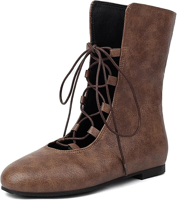 Women Vintage Flats Short Boots Lace Up COS Medieval Men's Faux Leather Gothic Shoes | Amazon (US)