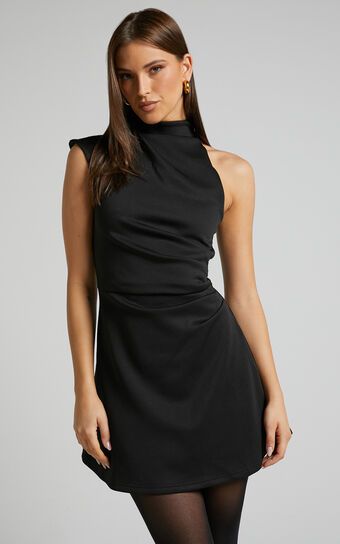 Rubie Mini Dress - High Neck Asymmetrical One Shoulder Dress in Black | Showpo (US, UK & Europe)