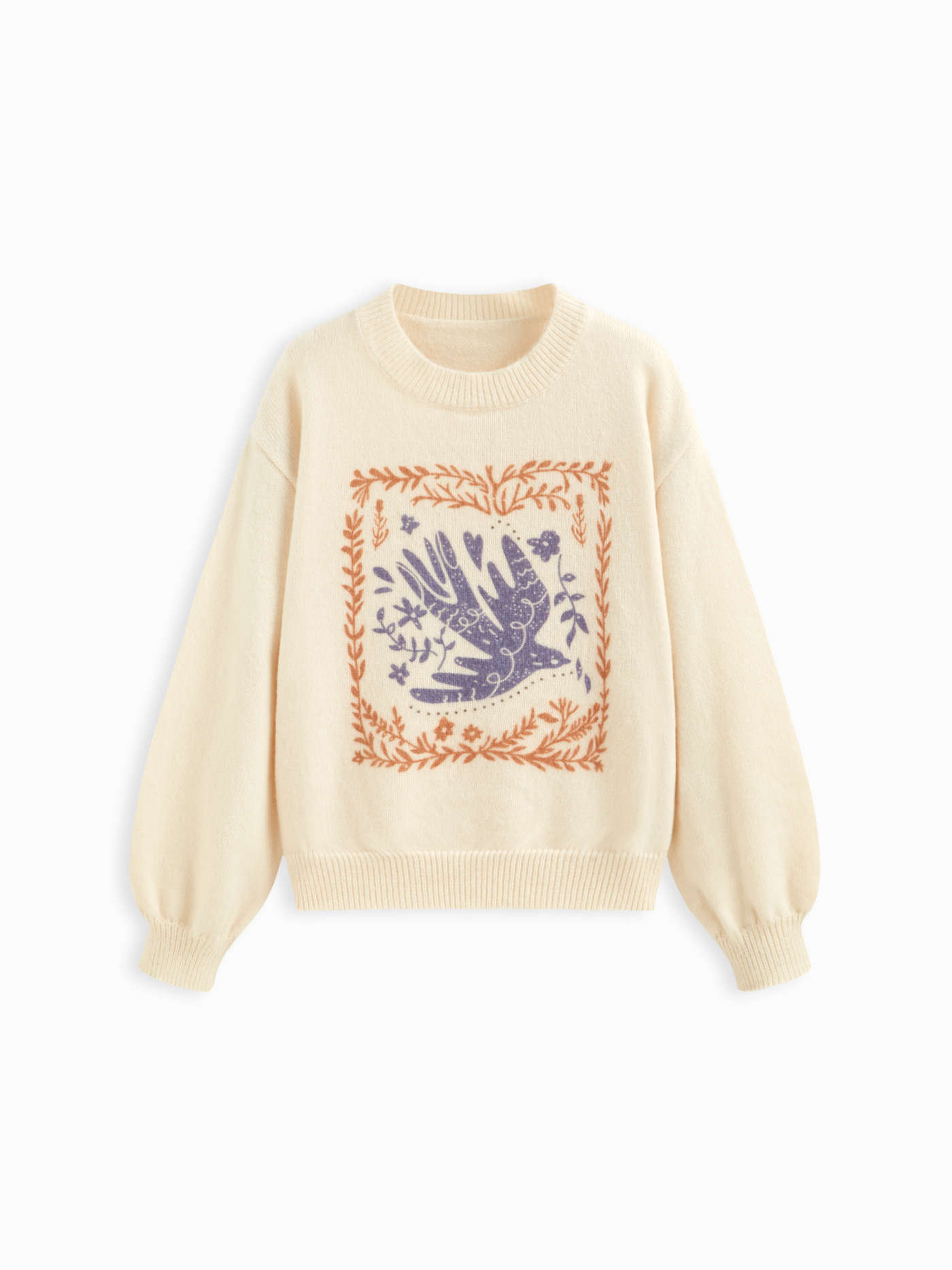 Knit Round Neck Bird Graphic Long Sleeve Sweater | Cider