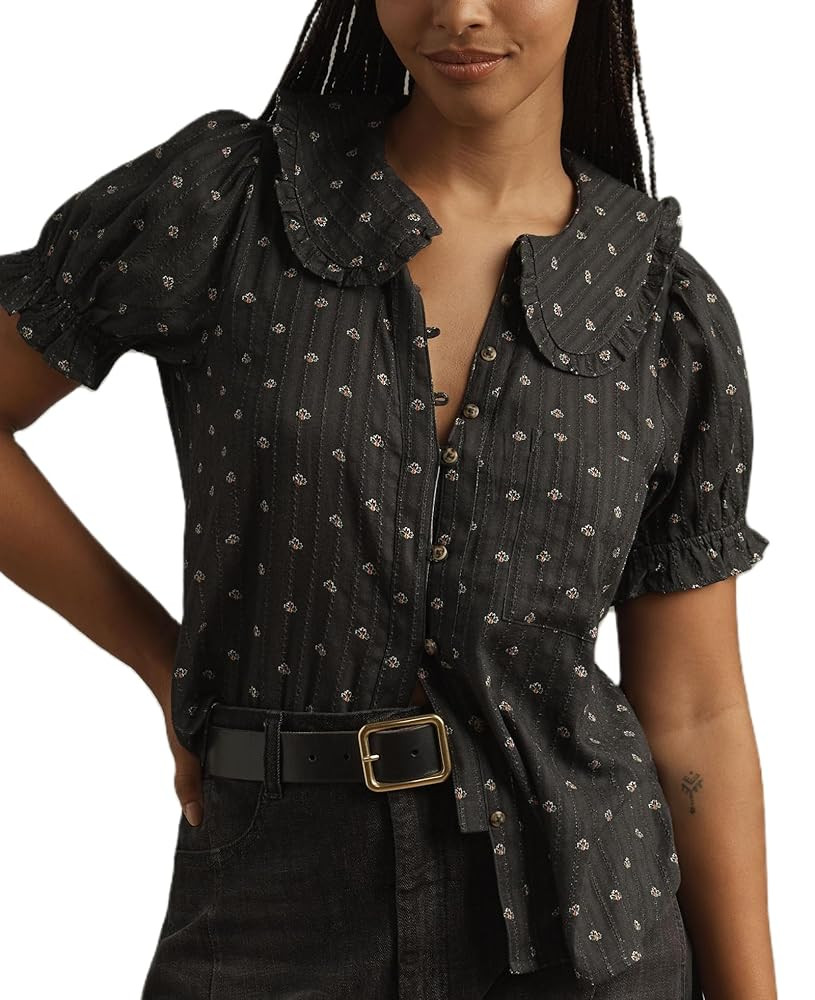 Women Y2k Puff Sleeve Peter Pan Collar Shirt Tops Button Down Boho Floral Print Ruffle Blouse Sum... | Amazon (US)