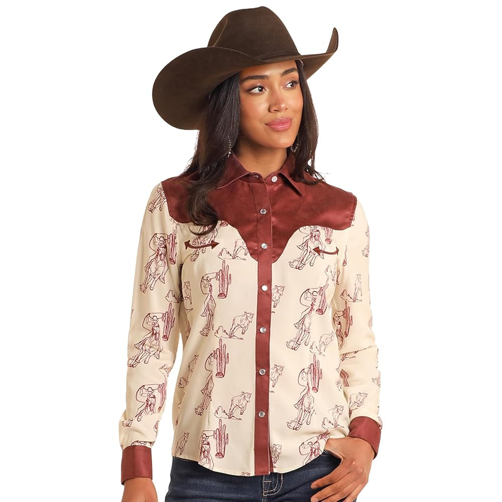 Panhandle Women's Western Print Long Sleeve Pearl Snap Shirt - LWN2S05148 X- US Cream | Amazon (US)