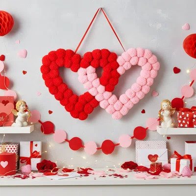 1 pc Valentine's Day heart pom-pom wreath, a pair of heart-shaped decorations for the front door. | Wayfair North America