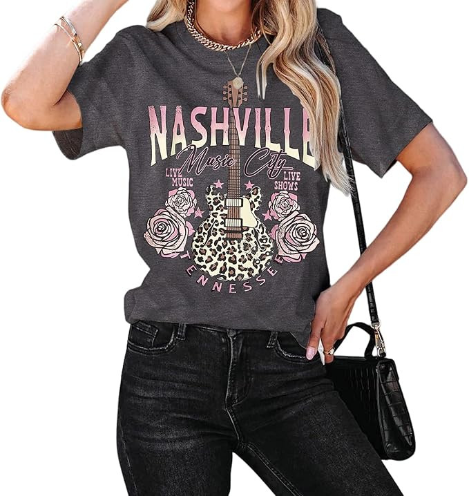Women's Nashville Tshirt Rose Leopard Bass Guitar Graphic Tee Tennessee Country Concert Rock and ... | Amazon (US)