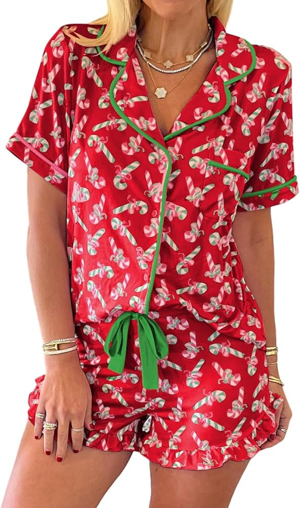KevaMolly Womens Christmas Lounge Sets Candy Cane Print Pocketed Knotted PJ Set Short Sleeve Xmas... | Amazon (US)