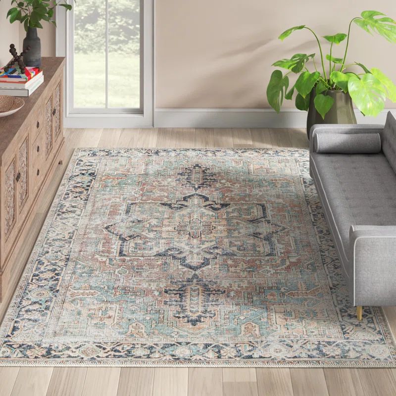 Hodnett Oriental Blue/Ivory Machine Washable Area Rug | Wayfair North America