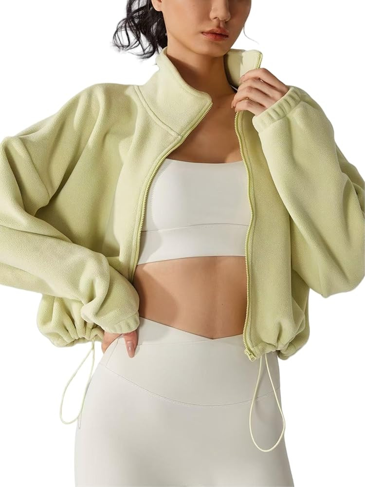 Womens Fleece Short Jacket Long Sleeve Full Zip Stand Collar Sherpa Crop Coat | Amazon (US)