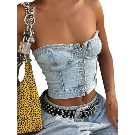Women Summer Denim Crop Tops Button Down Camis Vest Push Up Bustier Bra Jean Corset Top Y2K Streetwe | Walmart (US)