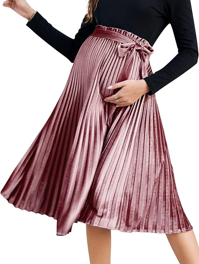 Coolmee Maternity Skirts Velvet High Elastic Waisted A Line Pleated Ruffle Holiday Skirt with Bel... | Amazon (US)