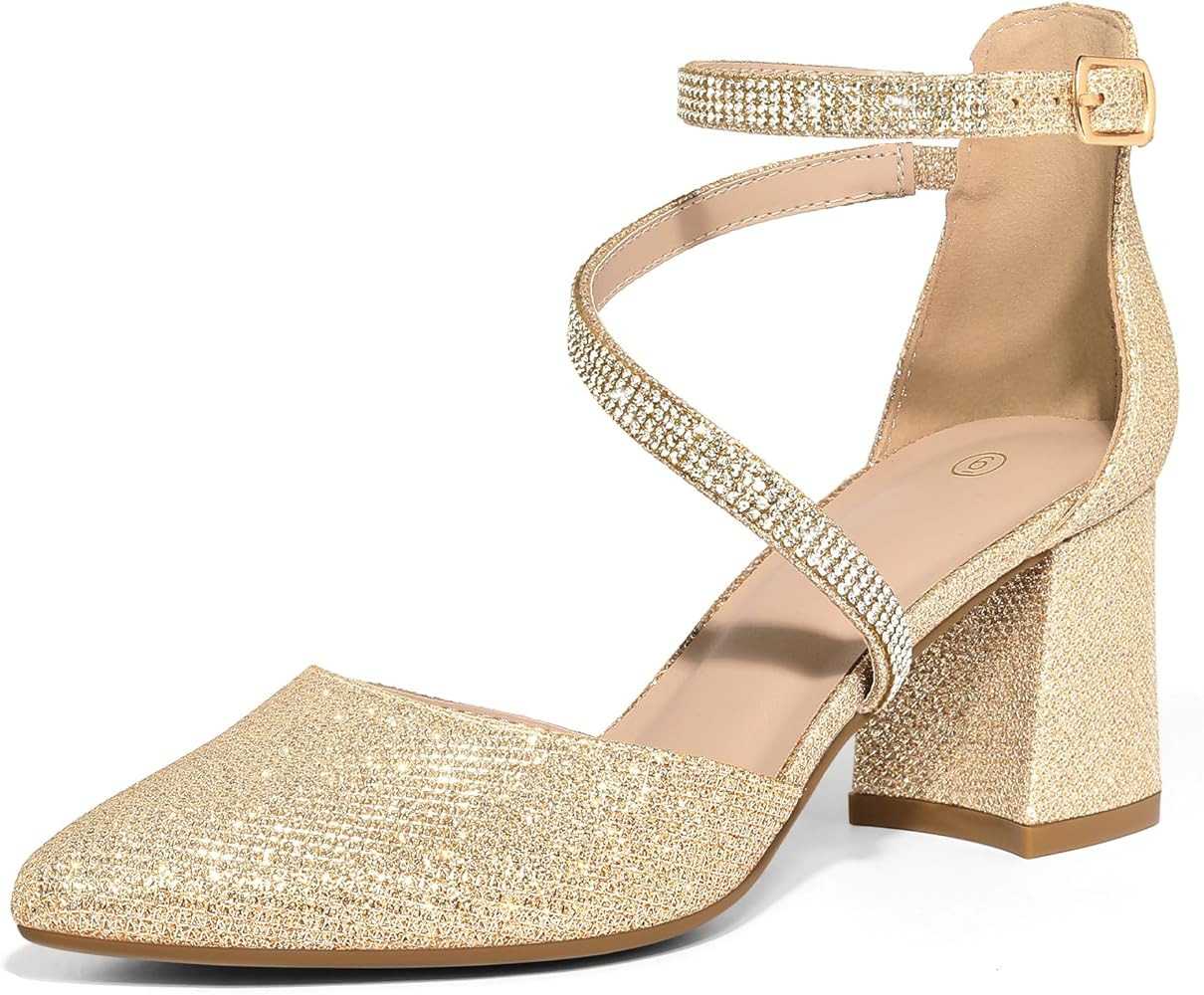 mysoft Women's Pumps Low Chunky Block Heels Pointed Toe Ankle Strap Across Instep Strap Party Wed... | Amazon (US)