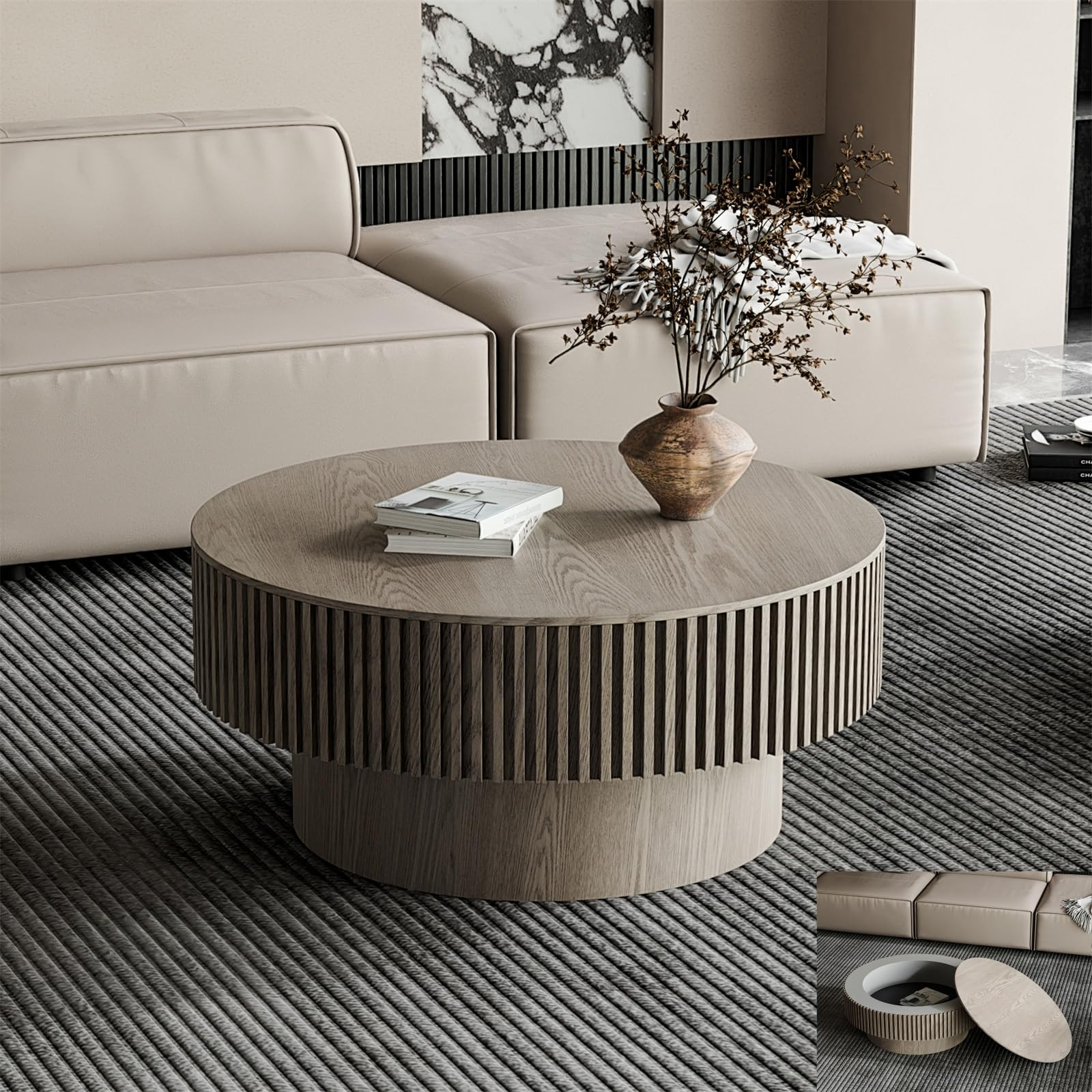 31.5'' Round Coffee Table for Living Room, Fluted Coffee Tables with Hidden Storage, Solid Wood V... | Amazon (US)