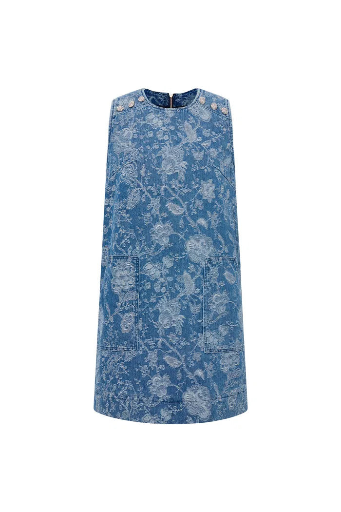 Iris Flora Laserwork Round Neck Short Dress in Cotton Denim | Fabrique