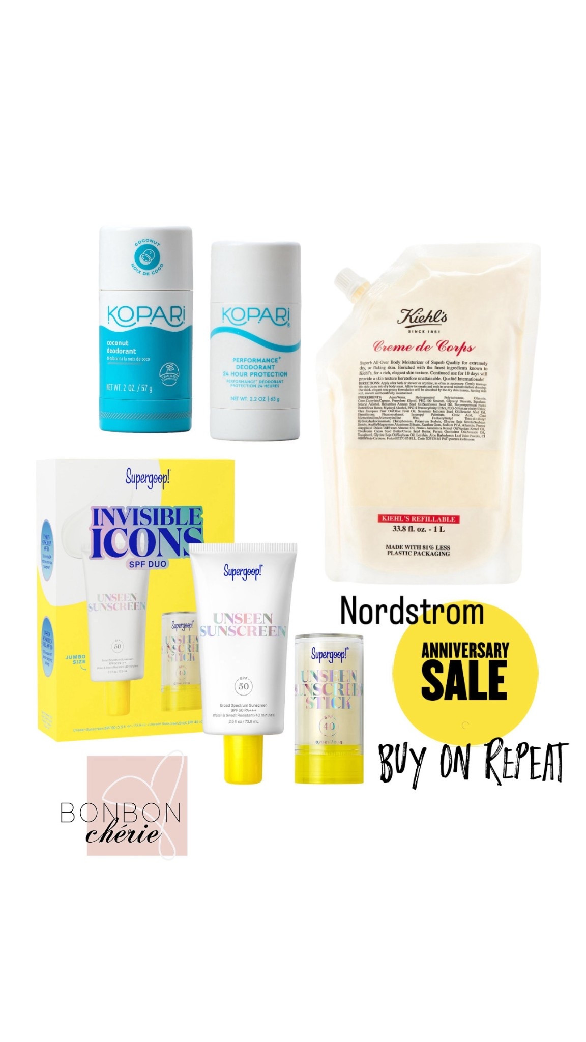 Nordstrom anniversary sale 
Beauty most haves
Kopari
Supergoop
KIEHL’S


#LTKFamily #LTKBeauty #LTKTravel