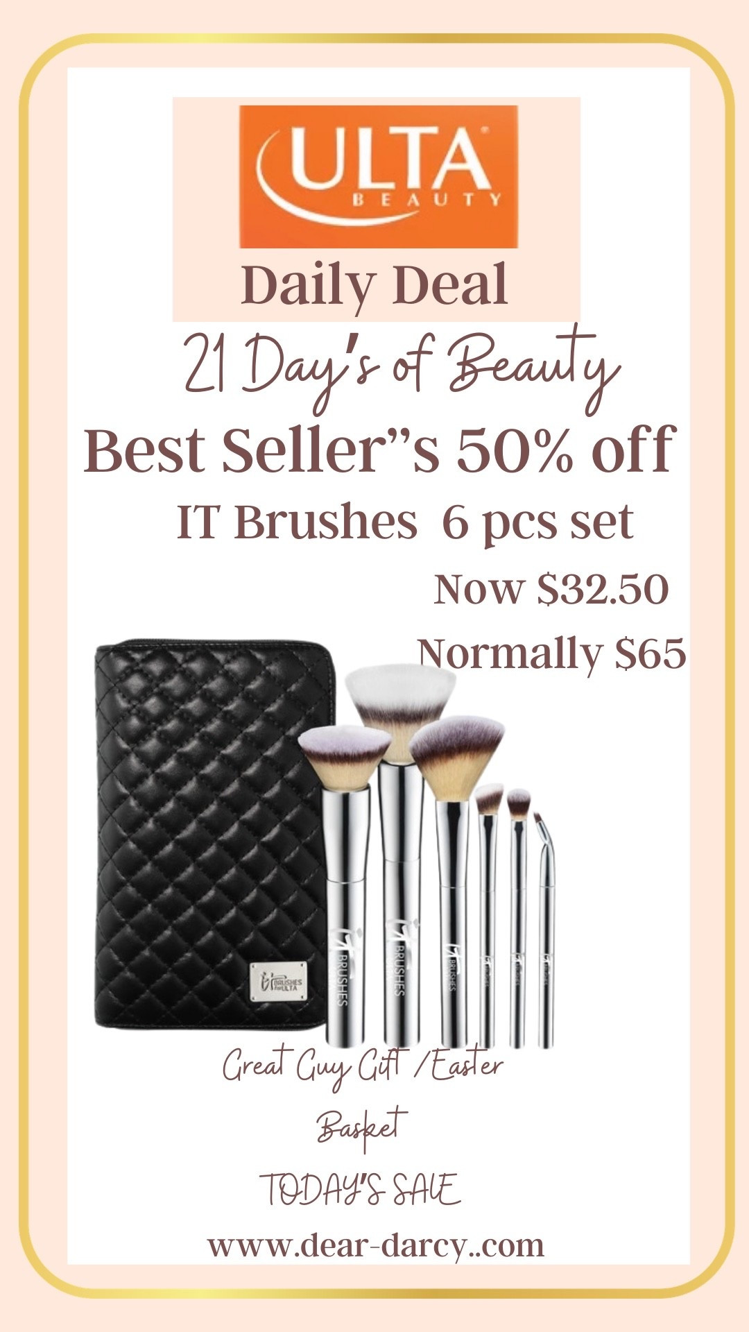 21 days of Beauty deals 50% off

It brushes set of 6 pieces 
Now $32.50 
Normally $65



#LTKSaleAlert #LTKBeauty