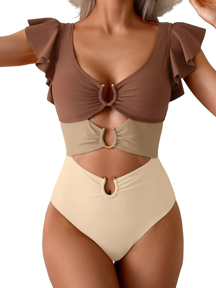 B2prity Women's One Piece Swimsuit Ruffle Sleeve Cut Out Bathing Suit Tie Back High Waisted Swim ... | Amazon (US)
