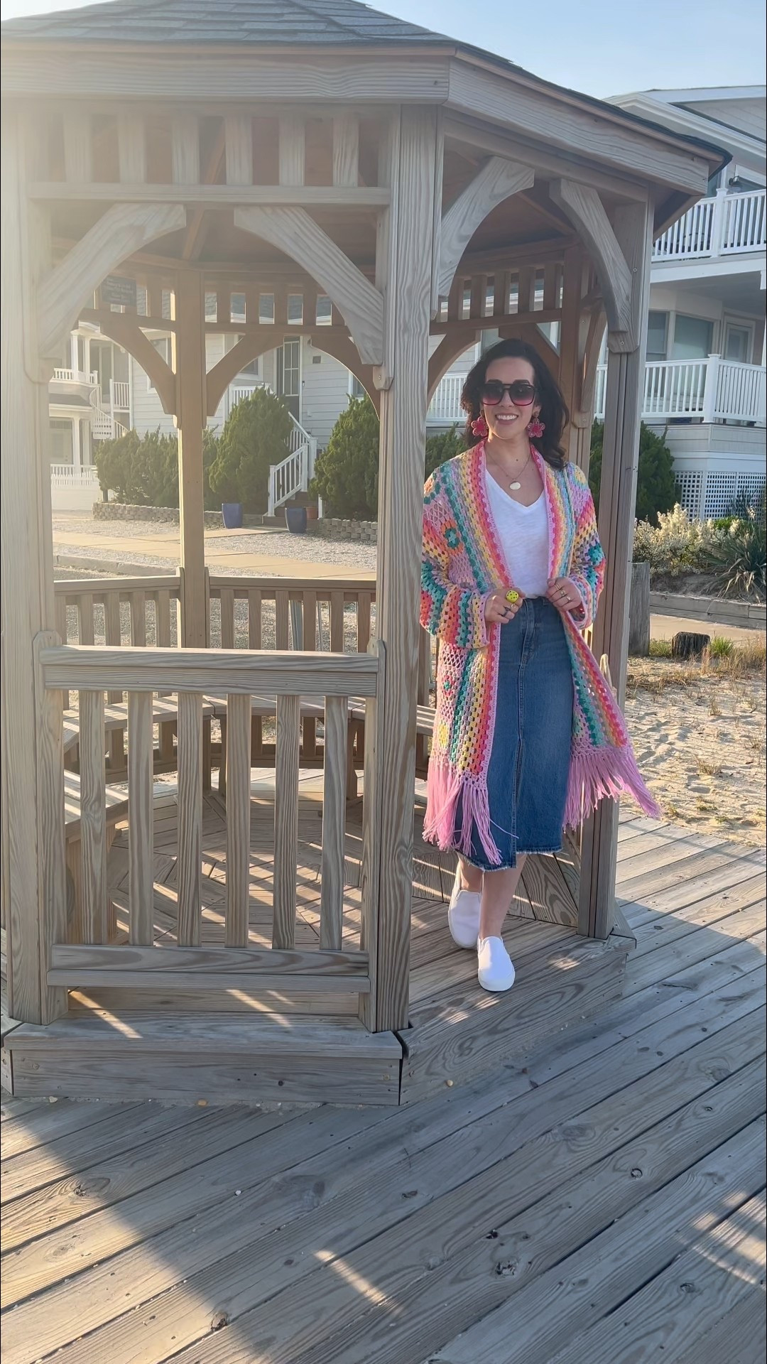 Colorful crochet kimono (small). White vneck tshirt (small). Denim skirt (small). White slip on sneakers (8.5). #kimono #crochetkimono #colorfulkimono #tshirt #whitetshirt #vnecktshirt #denimskirt #skirt #sneakers #whitesneakers #sliponsneakers 

Summer Outfit 

#LTKStyleTip #LTKSeasonal #LTKFindsUnder100