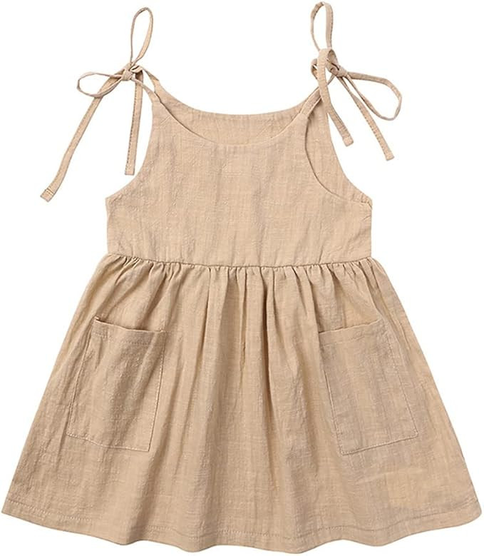 Toddler Baby Girl Summer Cotton Linen White Dresses Bow Straps Sleeveless with Pockets Casual Sun... | Amazon (US)