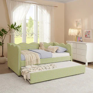 Gingham Daybed Linen Fabric Sofa Bed with Ejection Pull-out Trundle Bed and USB Port Wave Shaped ... | Bed Bath & Beyond