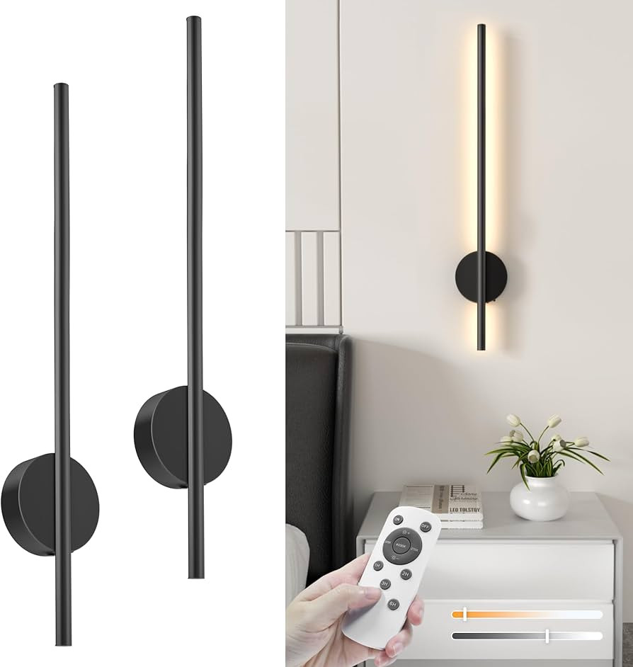 NIORSUN 28 Inch Battery Operated Wall Sconce Set of 2, 360\u00b0 Rotation Dark Black Rechargeable... | Amazon (US)