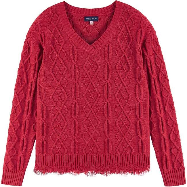 Andy & Evan | Kids Cable Knit V-Neck Sweater, (Red, Size 12-14Y) | Maisonette | Maisonette