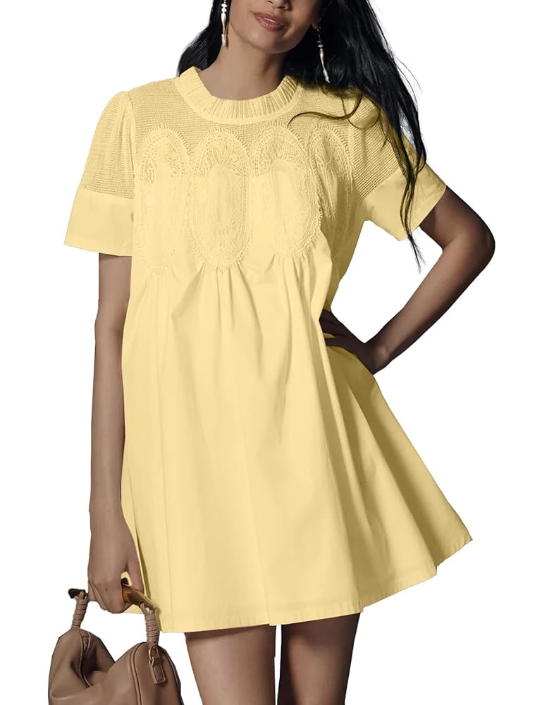 Shiyifa Womens Babydoll Lace Patchwork Dresses Summer Short Sleeve Ruffle Sundress Loose Crew Nec... | Amazon (US)
