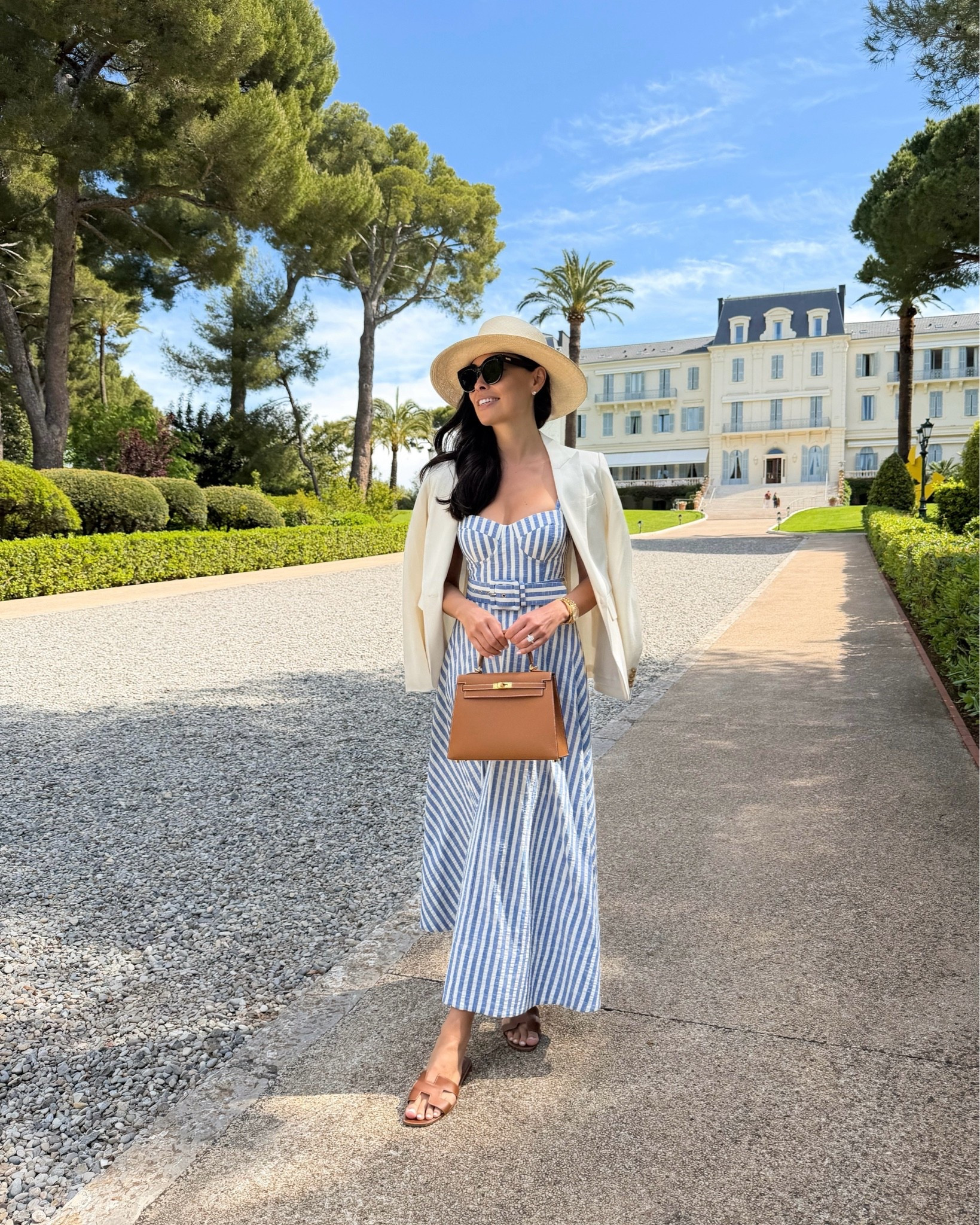 Cara Cara blue and white stripe corset dress, sold out, similar below. Hermes Kelly, Kat Jamieson style, Hotel du Cap Eden Roc, Antibes outfit, summer outfit, spring outfit.

#LTKootd