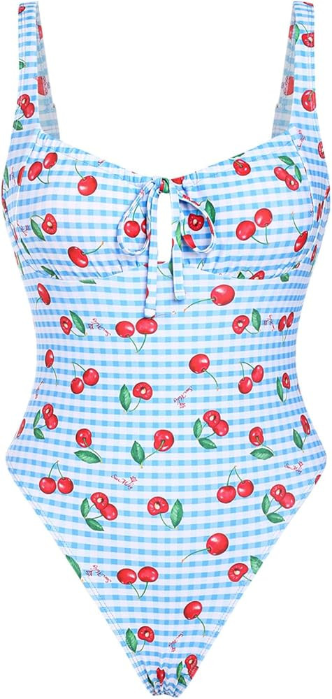 seamoly Blue Gingham Tie Around Criss Cross Backless Plunging Neck One-Piece Swimsuit | Amazon (US)