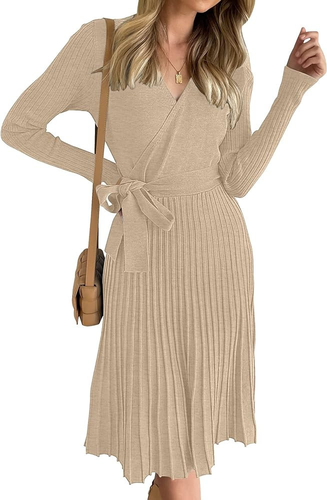 ZESICA Women's 2024 Fall Long Sleeve Wrap V Neck Ribbed Knit Pleated A Line Pullover Sweater Dres... | Amazon (US)