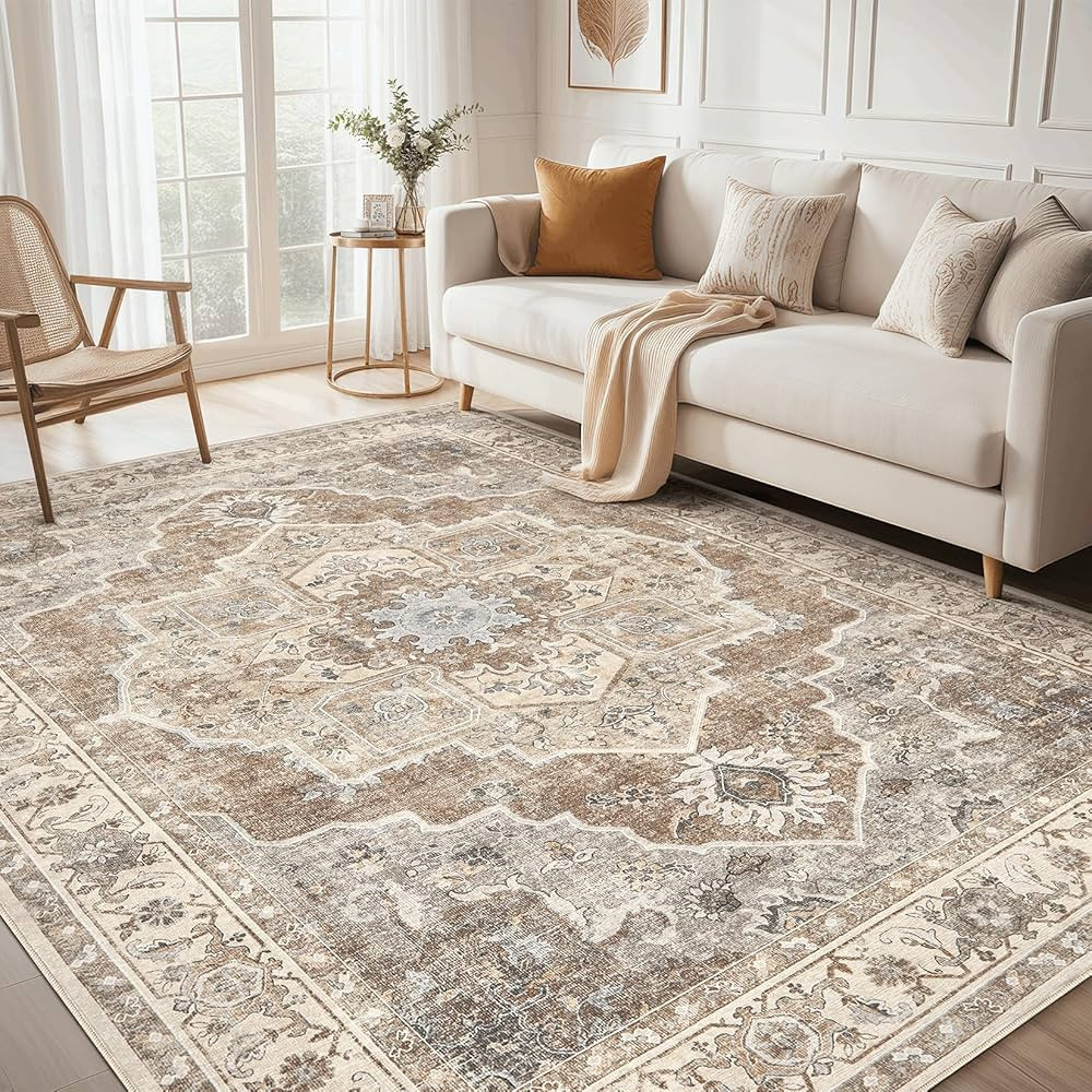 8x10 Area Rugs for Living Room - Washable Vintage Distressed Retro Neutral Farmhouse Thin Soft La... | Amazon (US)