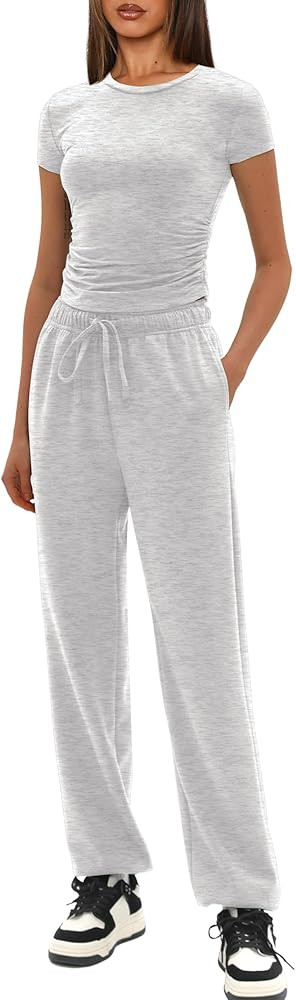 Darong Womens 2 Piece Outfit Sets Short Sleeve Crew Neck T Shirts with Jogger Pants Active Tracks... | Amazon (US)