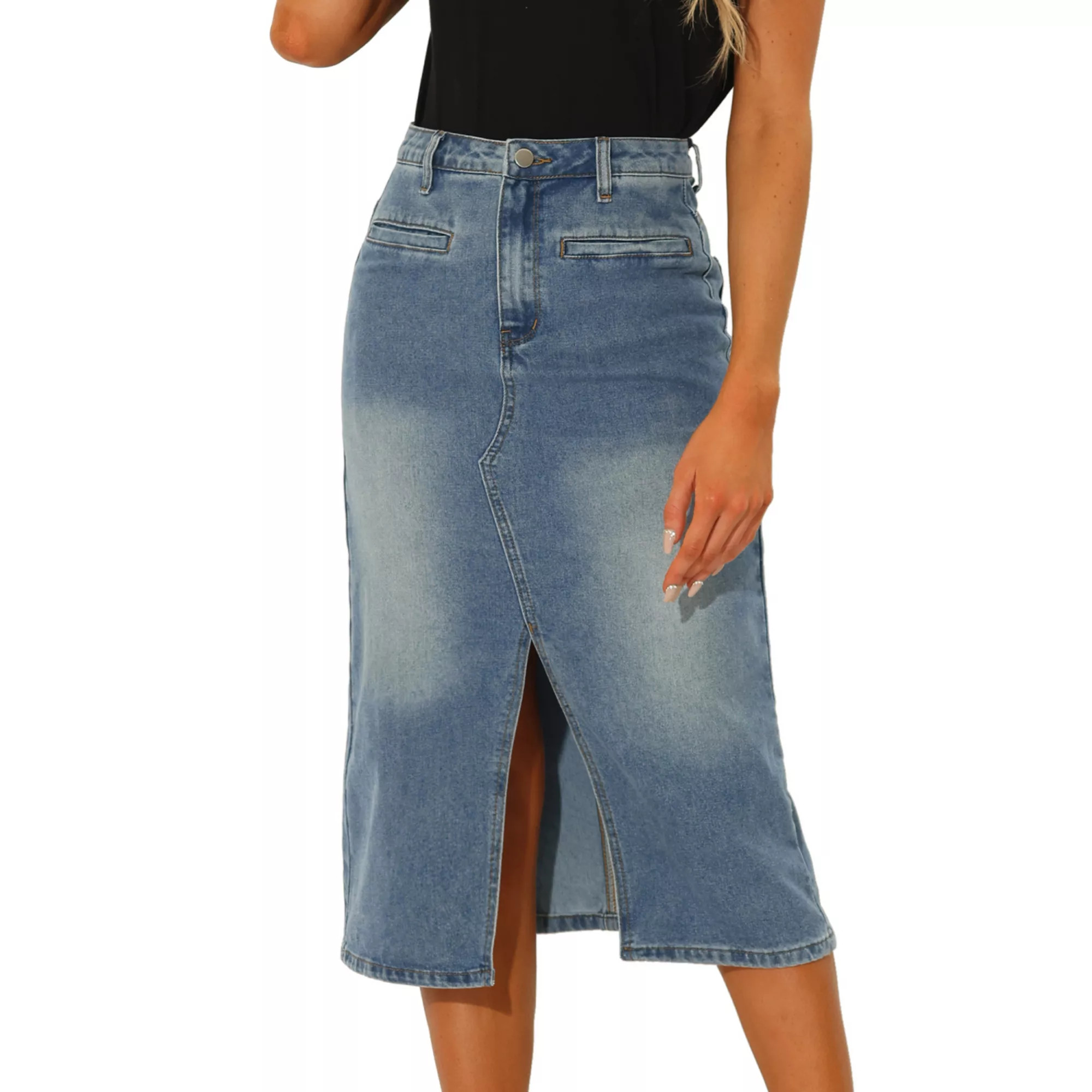 Midi Denim Skirt for Women's High Waist Slit Front with Pockets Jean Skirts | Kohl's