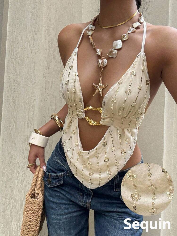 Serisse Sequin Embroidery Halterneck Top For Women, Retro Heavy-Duty Metal Buckle Halterneck Top, Fashionable Street Wear,Sequin Embroidered Camisole Tank Top,Rave Outfits Festival,Ibiza Outfits,Beaded Top Pink Sequin Top Party Chic Summer | SHEIN