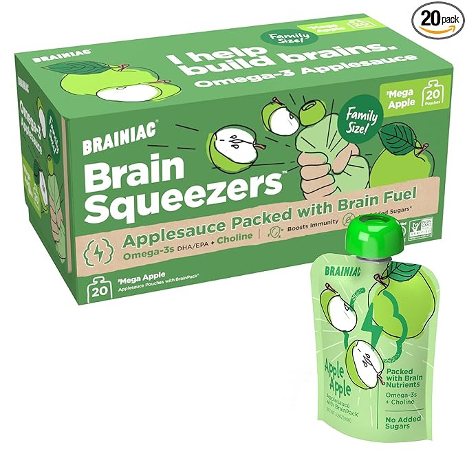 Brainiac Applesauce Pouches with Omega-3s, Mega Apple, 20 Count, 3.2 oz. – Unsweetened Applesau... | Amazon (US)