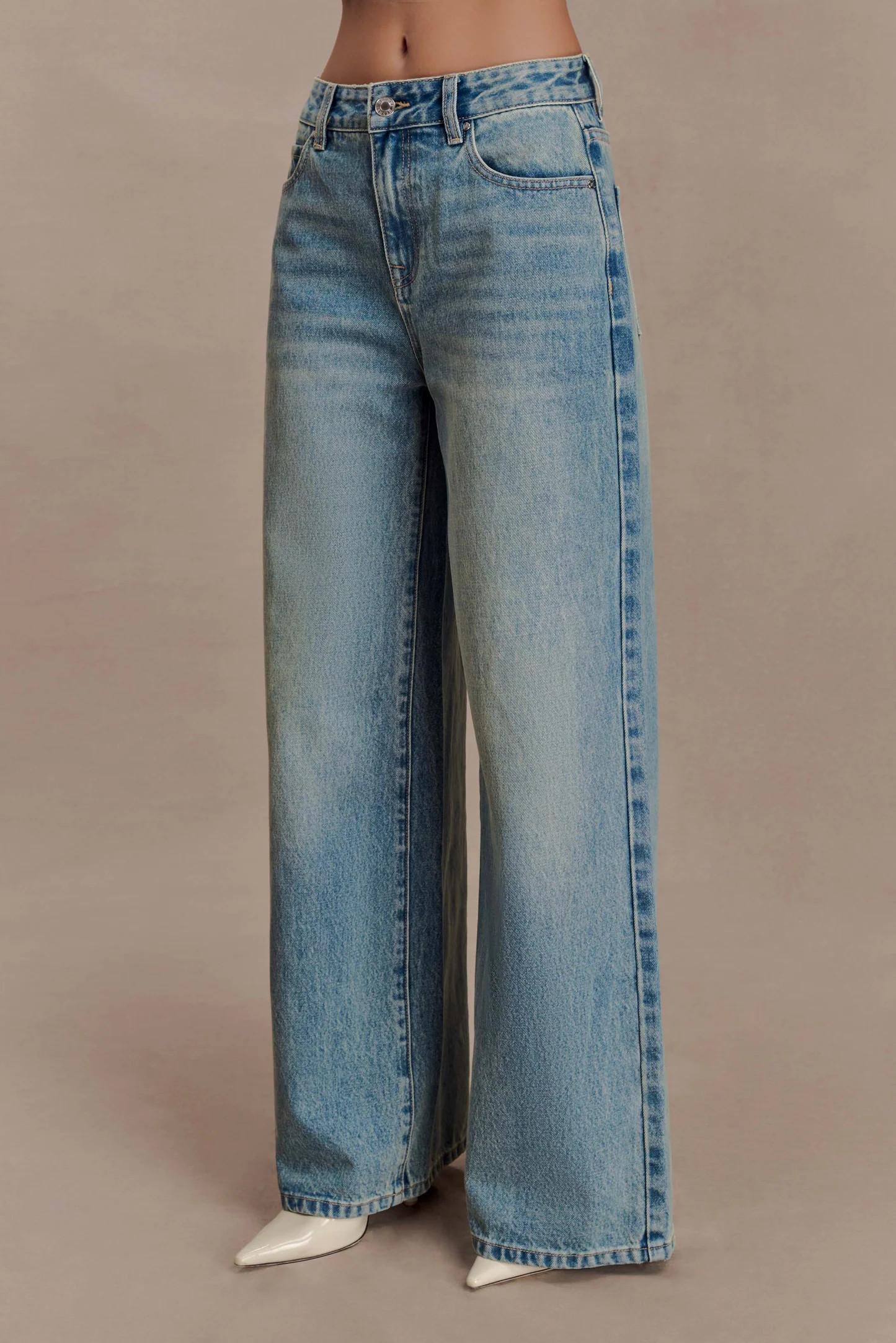 Romi Mid Rise Wide Leg Jeans - Faded Mid Blue | Meshki UK