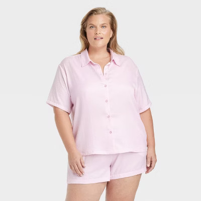 Women's Satin Short Sleeve Notch Collar Top and Shorts Pajama Set - Auden™ Pink 1X | Target