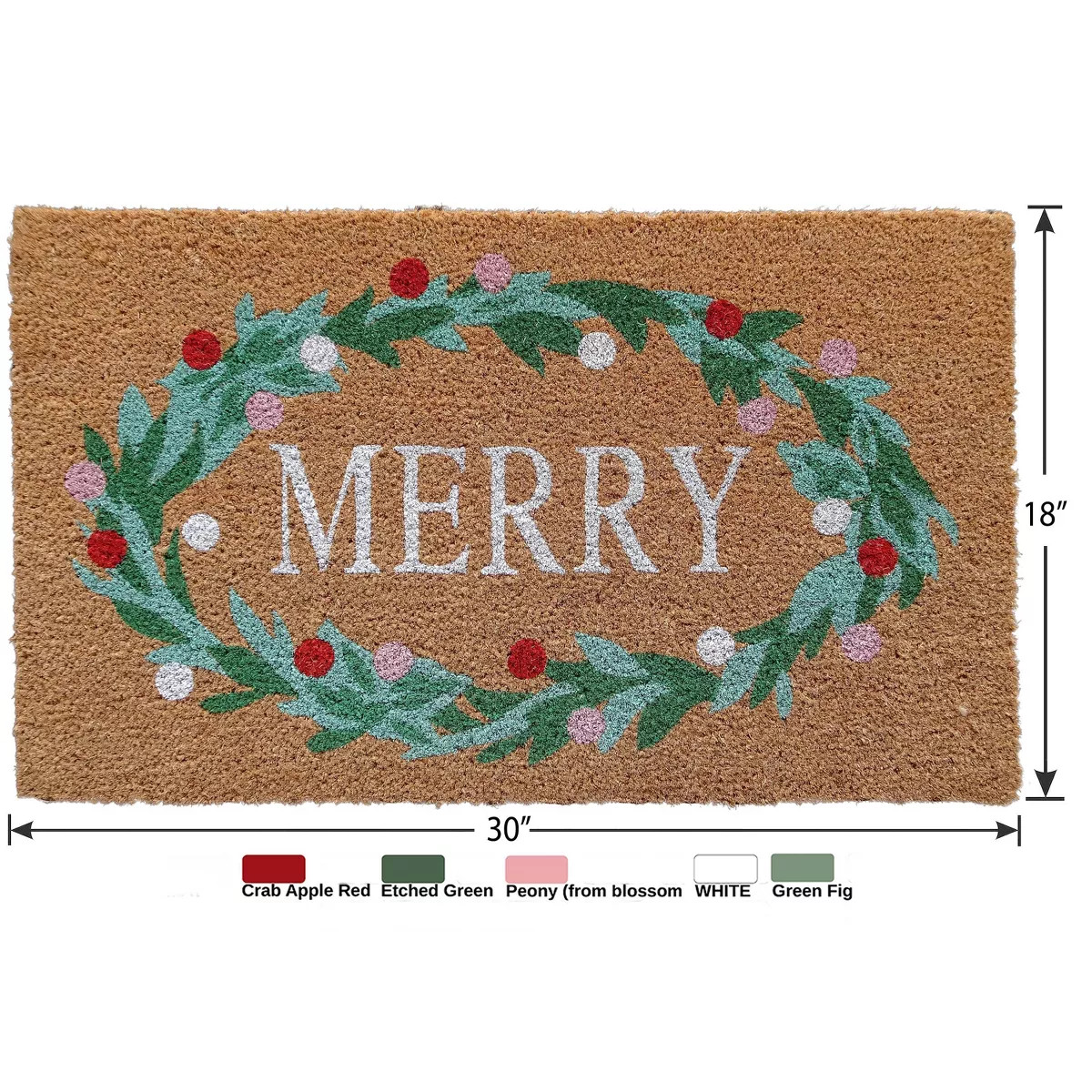 18"x30" Holiday Merry Wreath Coir Doormat Natural and Green | Target